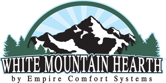 Logo for White Mountain Hearth by Empire Comfort Systems, features mountain range with green trees, arch, and rays.