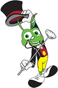 Green cartoon cricket in top hat and suit, tipping the hat with a wand.