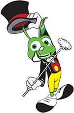 Green cartoon cricket in top hat and suit, tipping the hat with a wand. Green cartoon cricket in top hat and suit, tipping the hat with a wand.