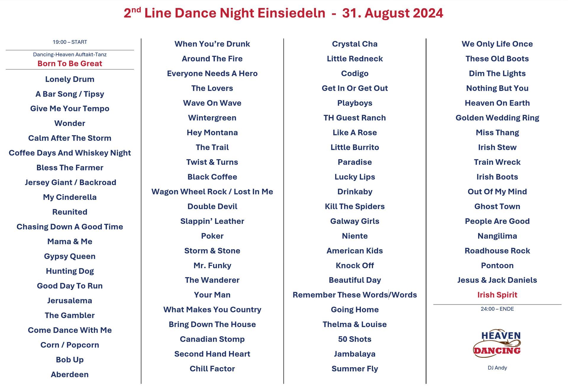 Tanzliste der ersten Line Dance Night in Einsiedeln