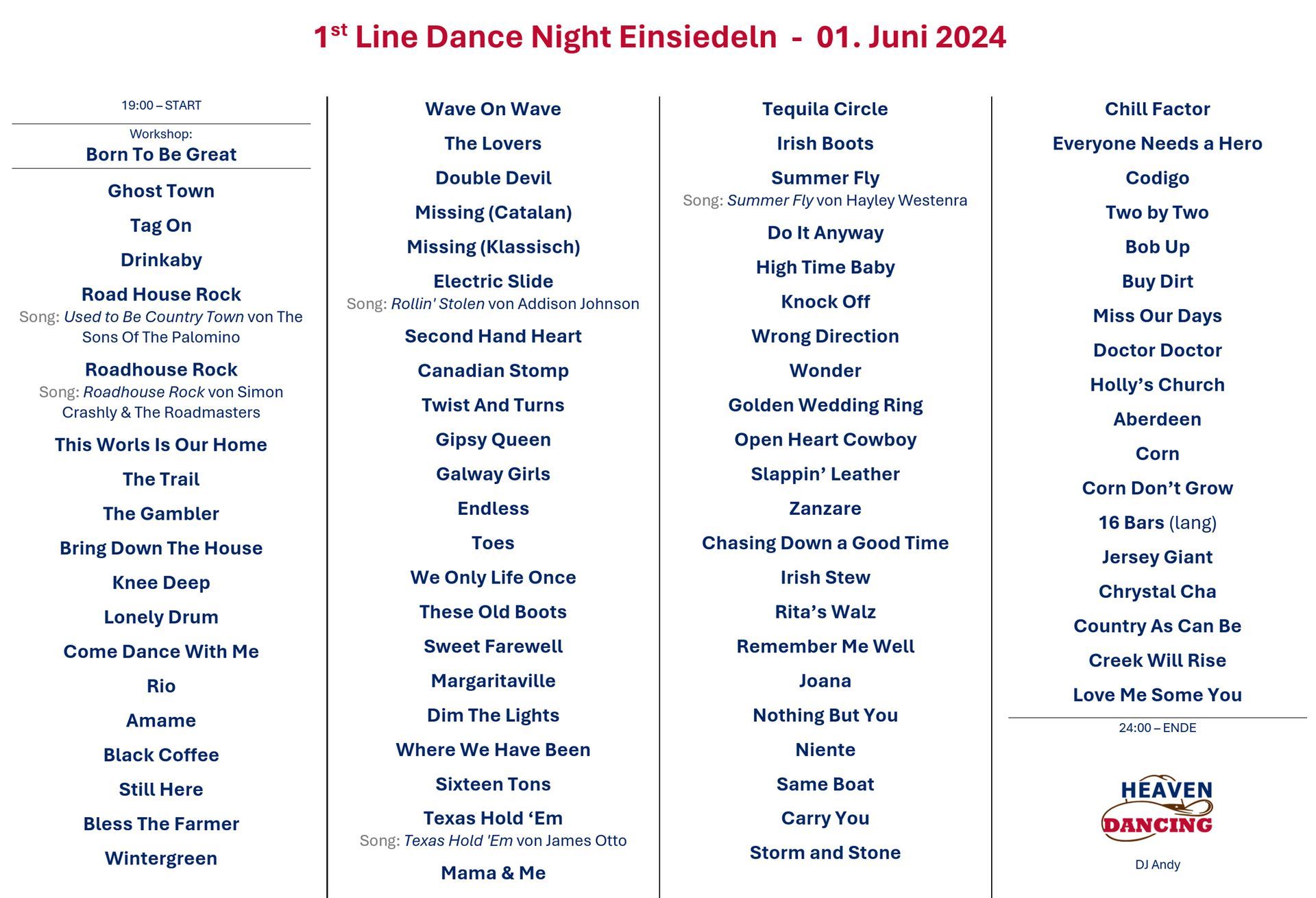 Tanzliste der ersten Line Dance Night in Einsiedeln