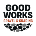 Logo for Good Works Gravel & Grading: black text on white with pebble graphic, orange accents.