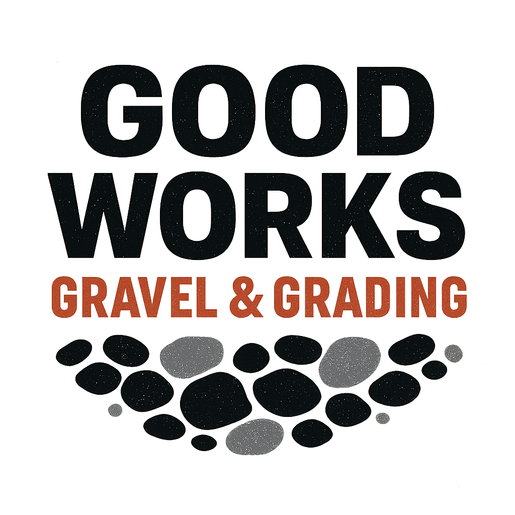 Logo for Good Works Gravel & Grading: black text on white with pebble graphic, orange accents.