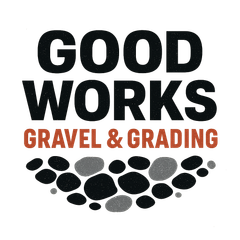 Logo for Good Works Gravel & Grading: black text on white with pebble graphic, orange accents.