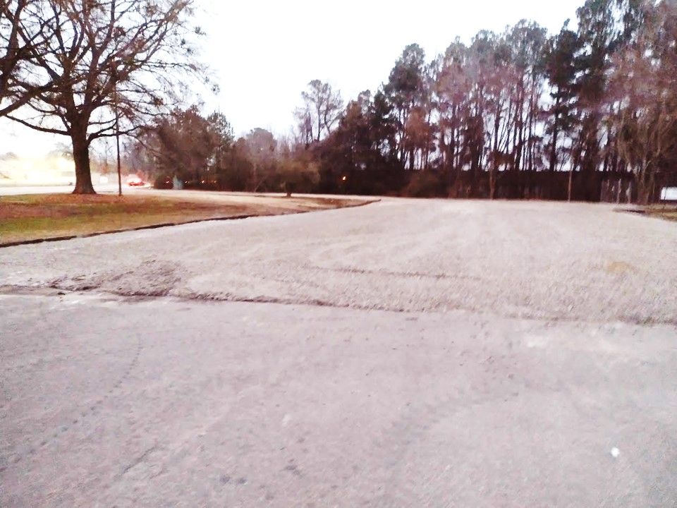 Gravel parking lot in front of a line of trees, on a cloudy day.