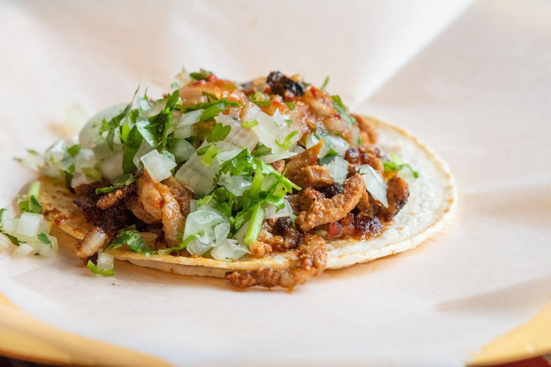 A close up of a taco with meat and vegetables on a plate.