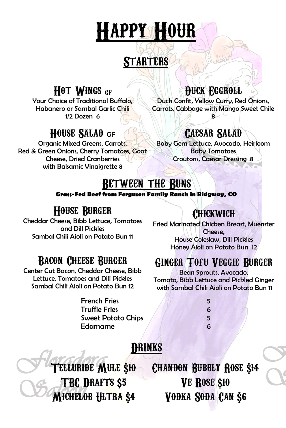 A menu for a restaurant called happy hour