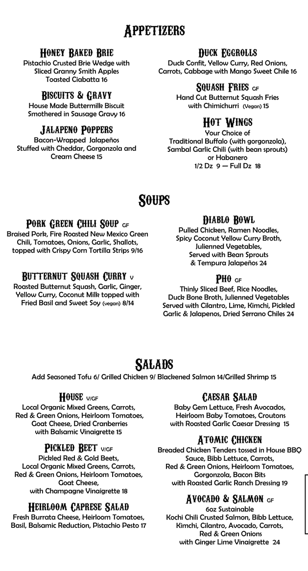 The Floradora Saloon Appetiers Menu