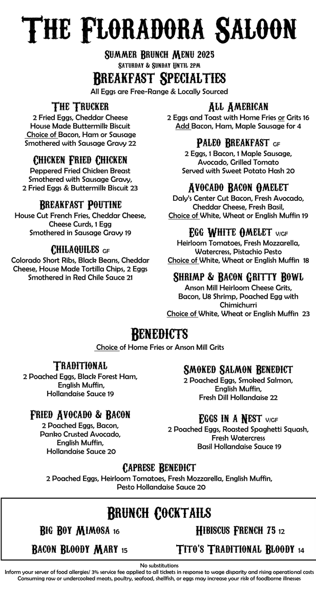 The Floradora Saloon Breakfast Menu