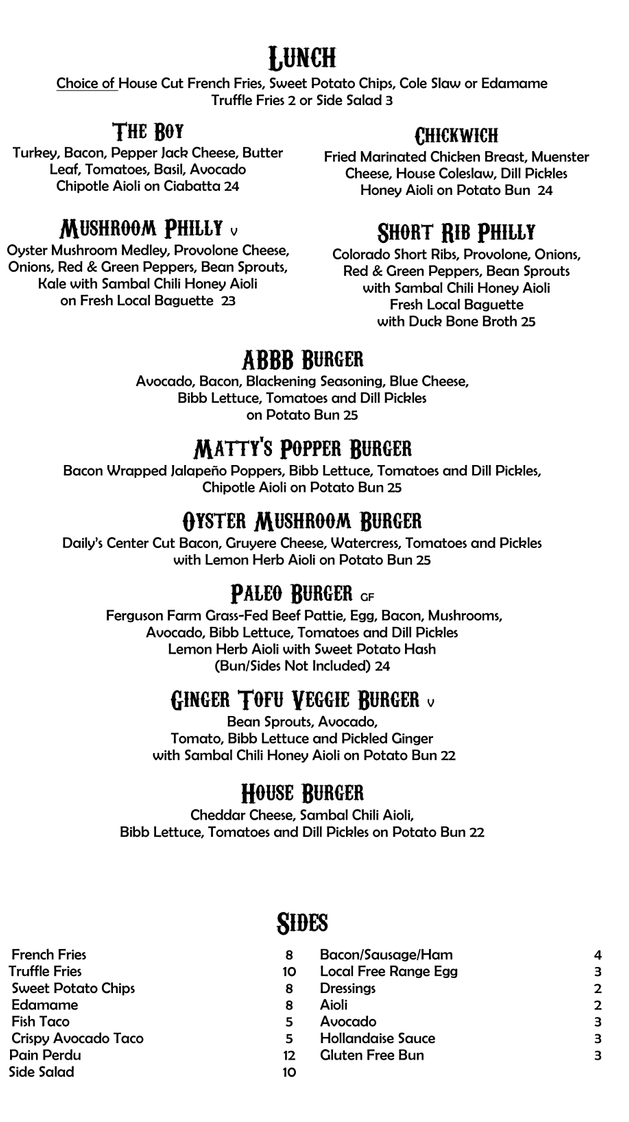 The Floradora Saloon Lunch Menu