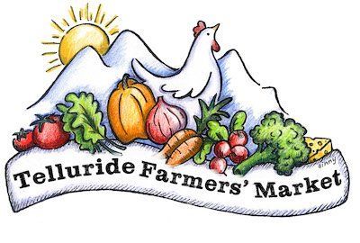 A logo for telluride farmers ' market with a chicken and vegetables