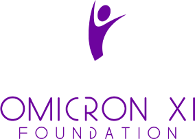 The logo for the omicron xi foundation is purple and white.