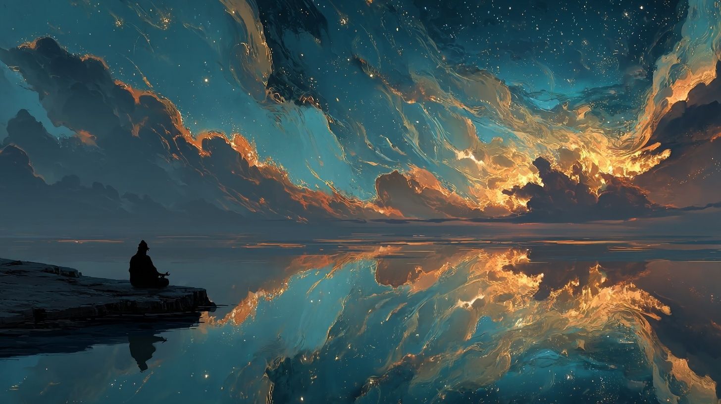 Person seated at water's edge gazes at a starry sky reflected in the water; orange and blue hues.