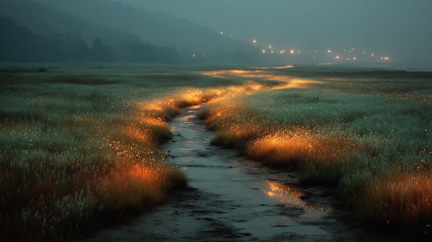 Beach at dusk with starry sky reflecting on wet sand.