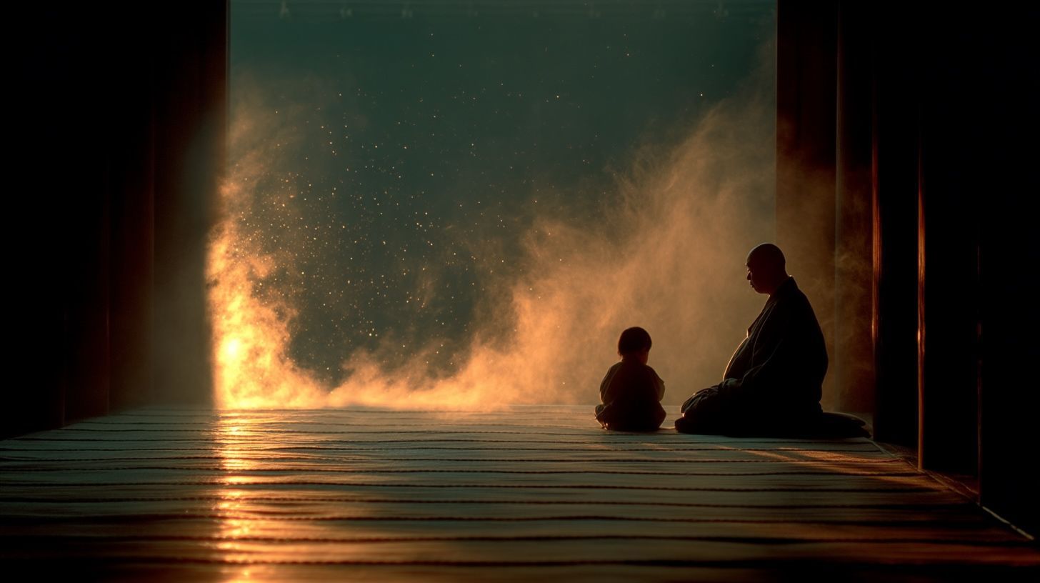 Monk and child seated on wooden platform, facing golden light emanating from an open doorway.