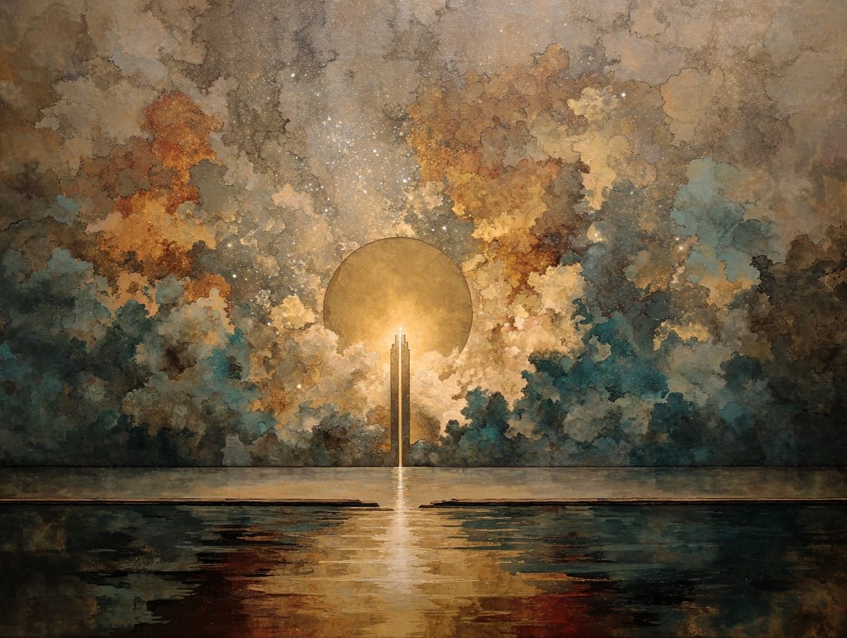 Watercolor painting: Glowing orb above a body of water, flanked by two vertical pillars, amidst swirling clouds.