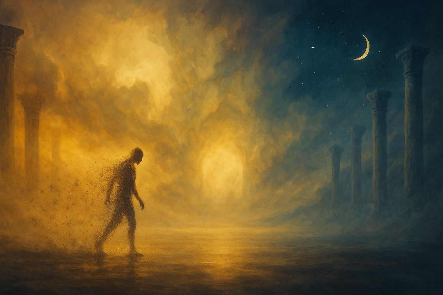 A painting of a man walking through a foggy forest at night.