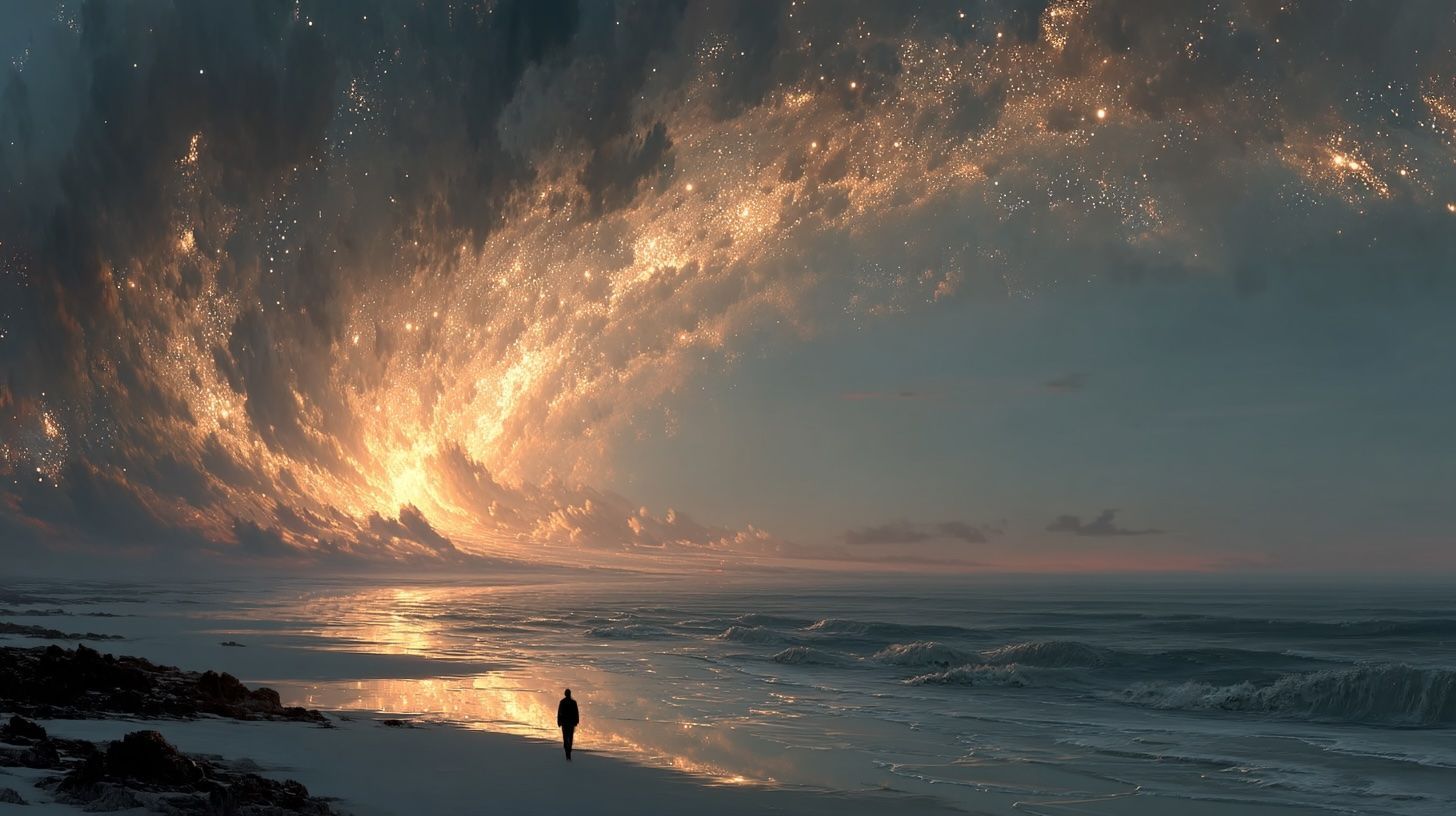 Person on beach gazing at glowing, cosmic clouds reflected in water.