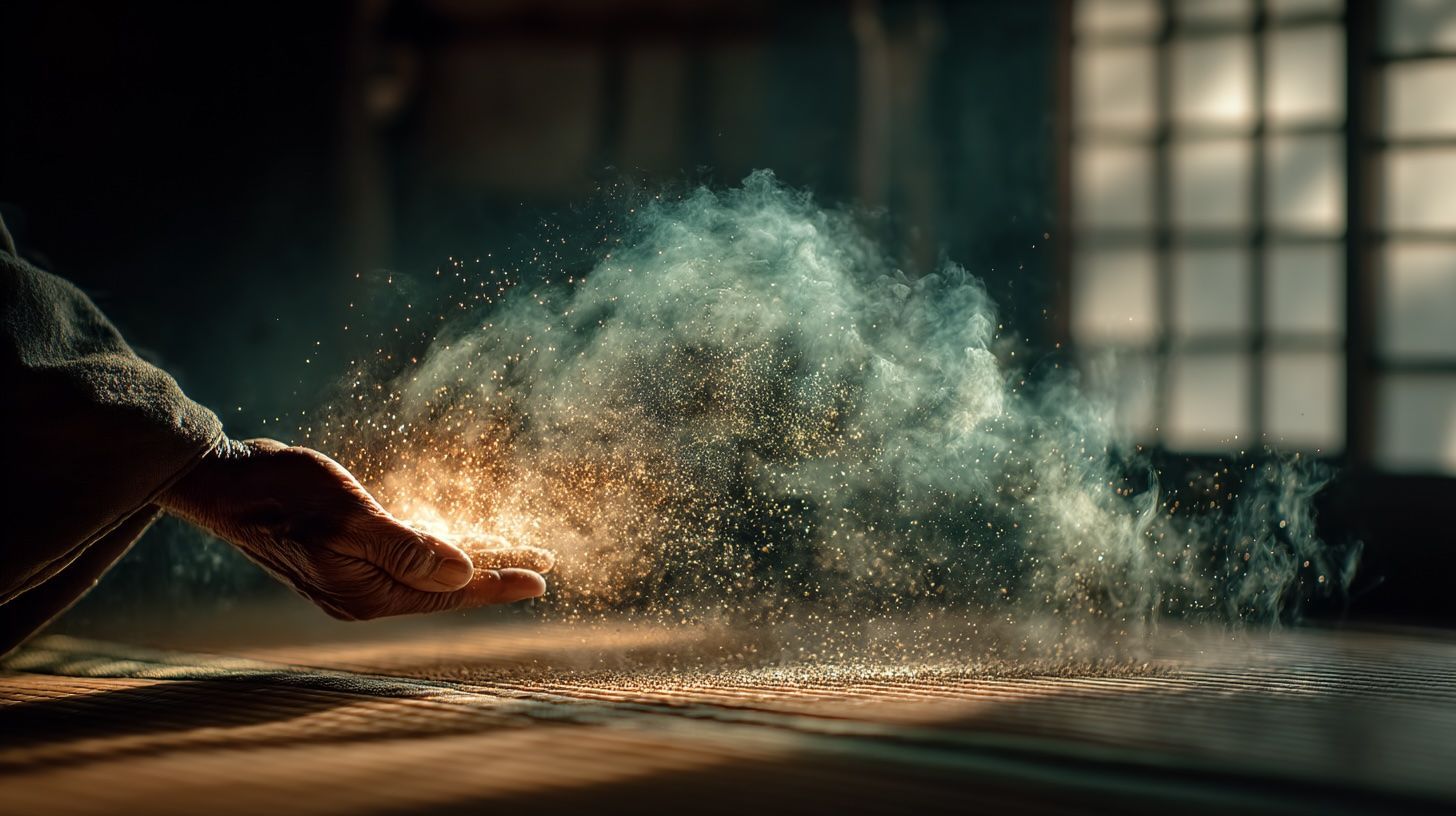 Hand releasing a cloud of glowing dust, illuminating a wooden surface. Soft light in a dimly lit room.