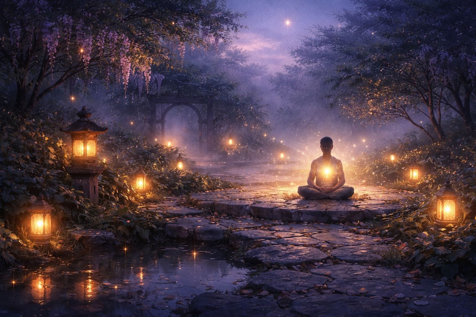 A person meditates in a glowing, purple-hued garden filled with warm lanterns and scattered fireflies.