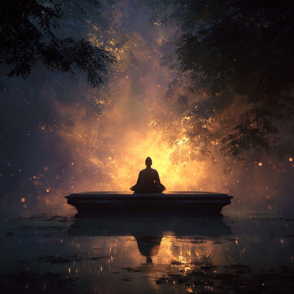 A man is sitting on a boat in a lotus position in the middle of a lake.