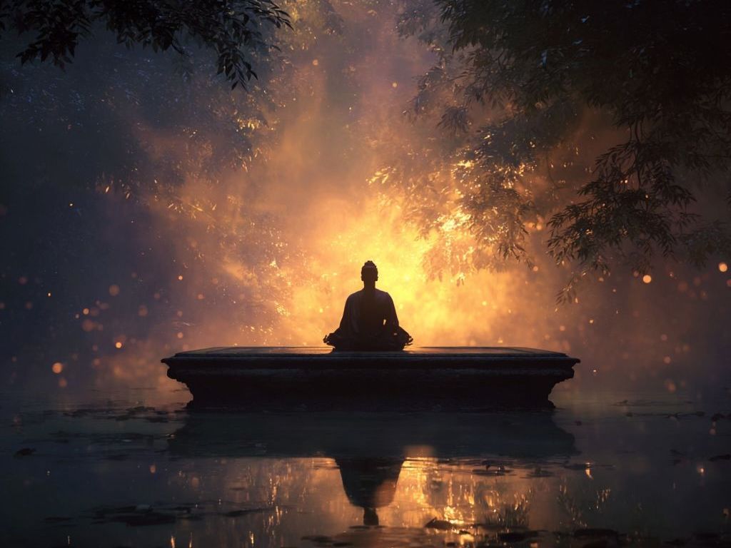 A person is sitting in a lotus position on a boat in the water.