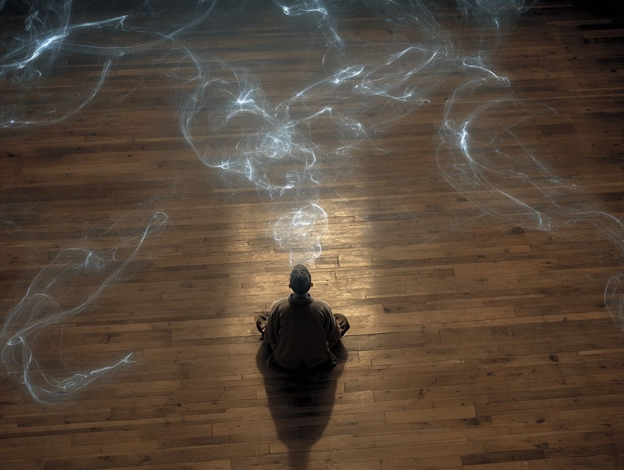 A person is sitting on a wooden floor with smoke coming out of their mouth.