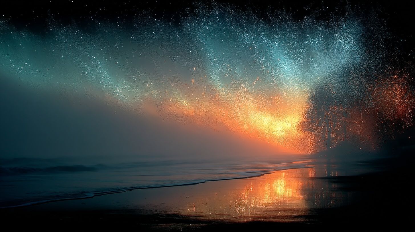 Beach at dusk with starry sky and vibrant colors reflected in the wet sand.