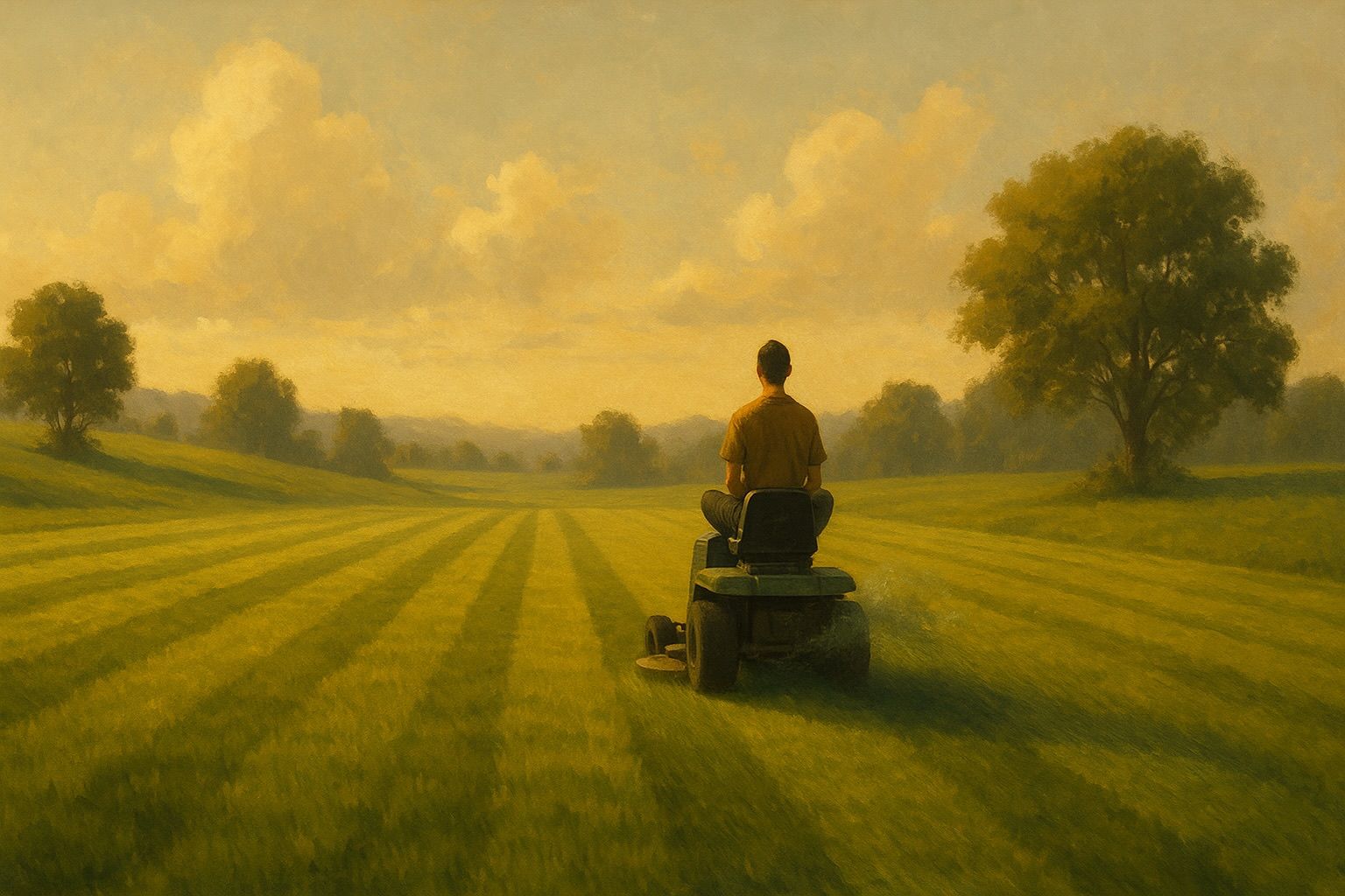 A man is riding a lawn mower through a grassy field.