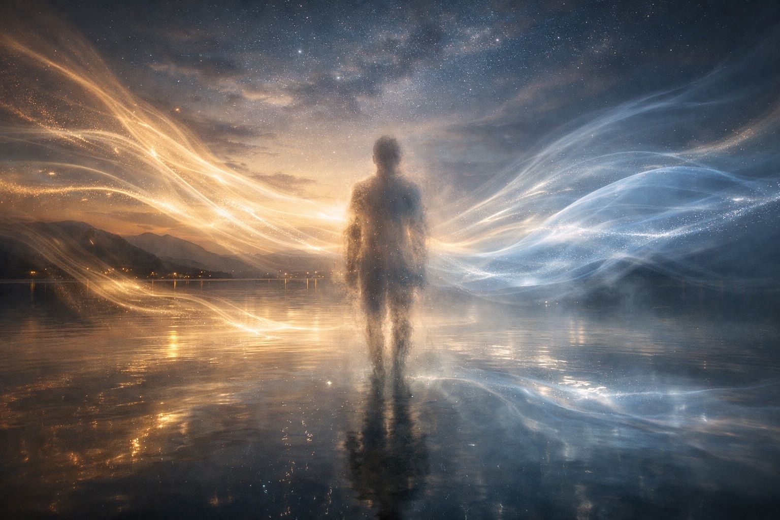A figure stands on a reflective surface under a starry sky, surrounded by swirling ribbons of golden and blue light.