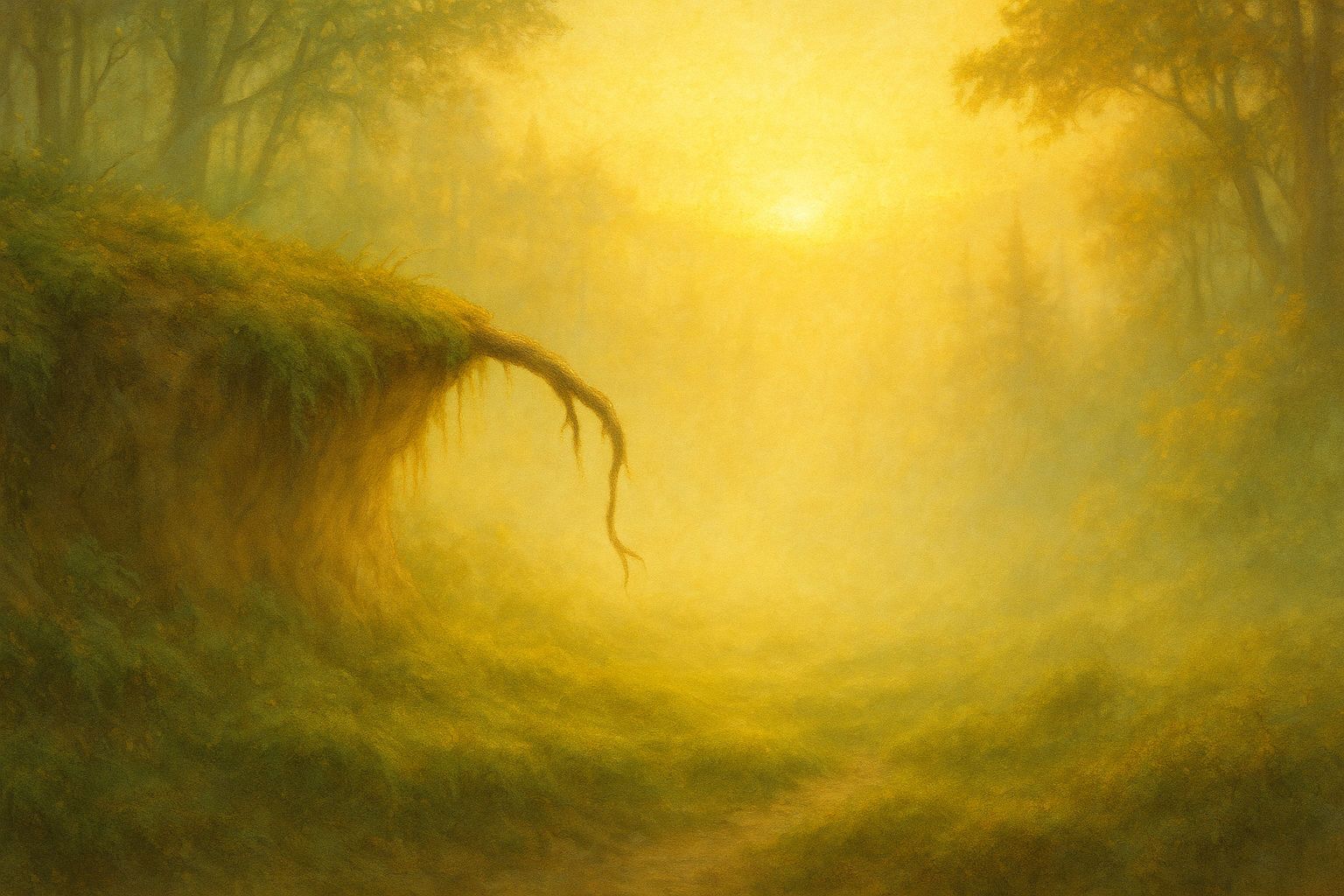 A painting of a path in a forest with the sun shining through the trees.