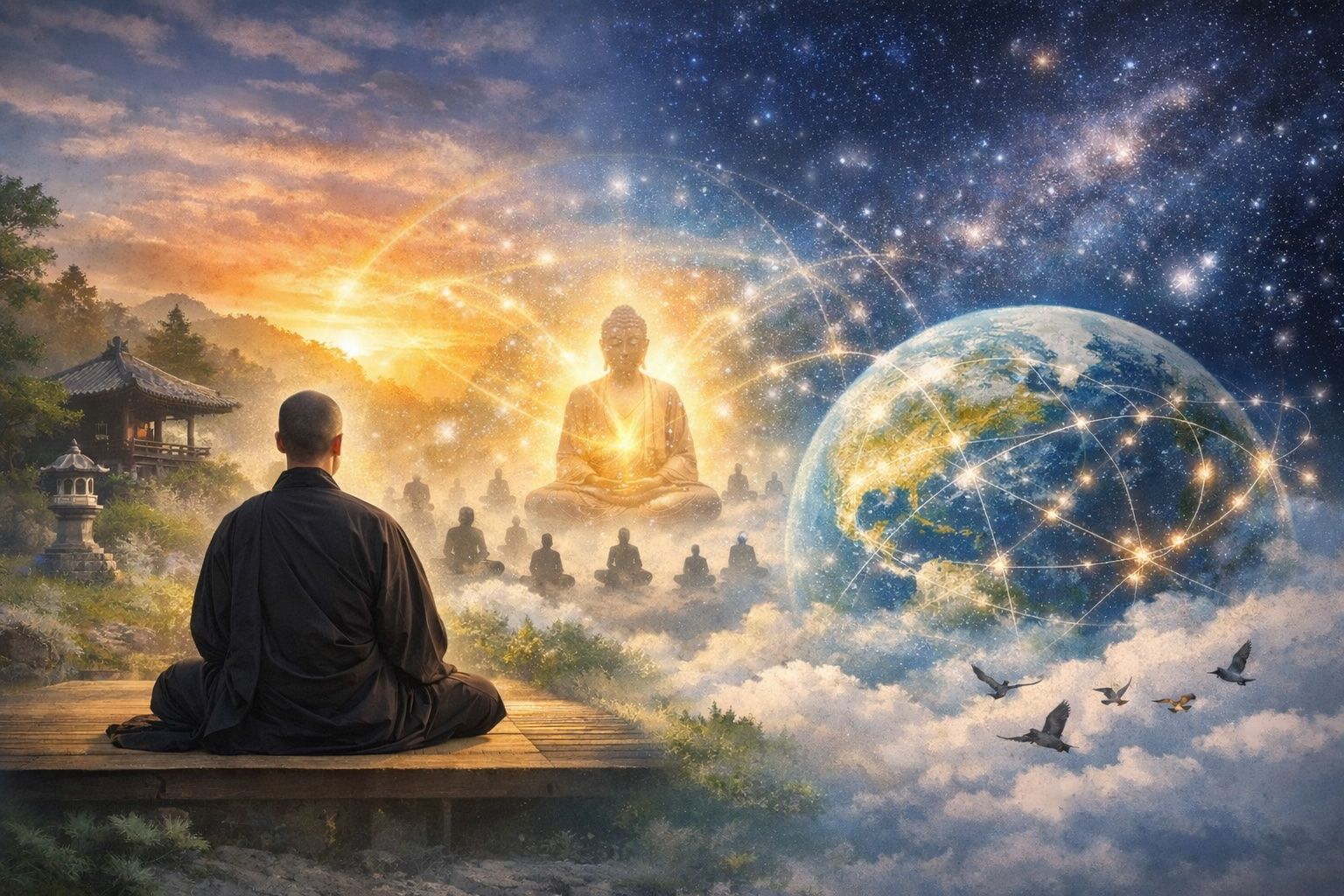 Meditating figure facing a glowing Buddha, Earth, and starry sky. Sunlight, clouds, birds, and a pagoda.