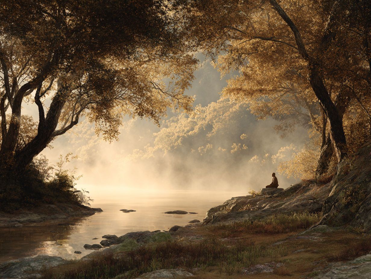 A person is sitting on a rock near a river surrounded by trees.