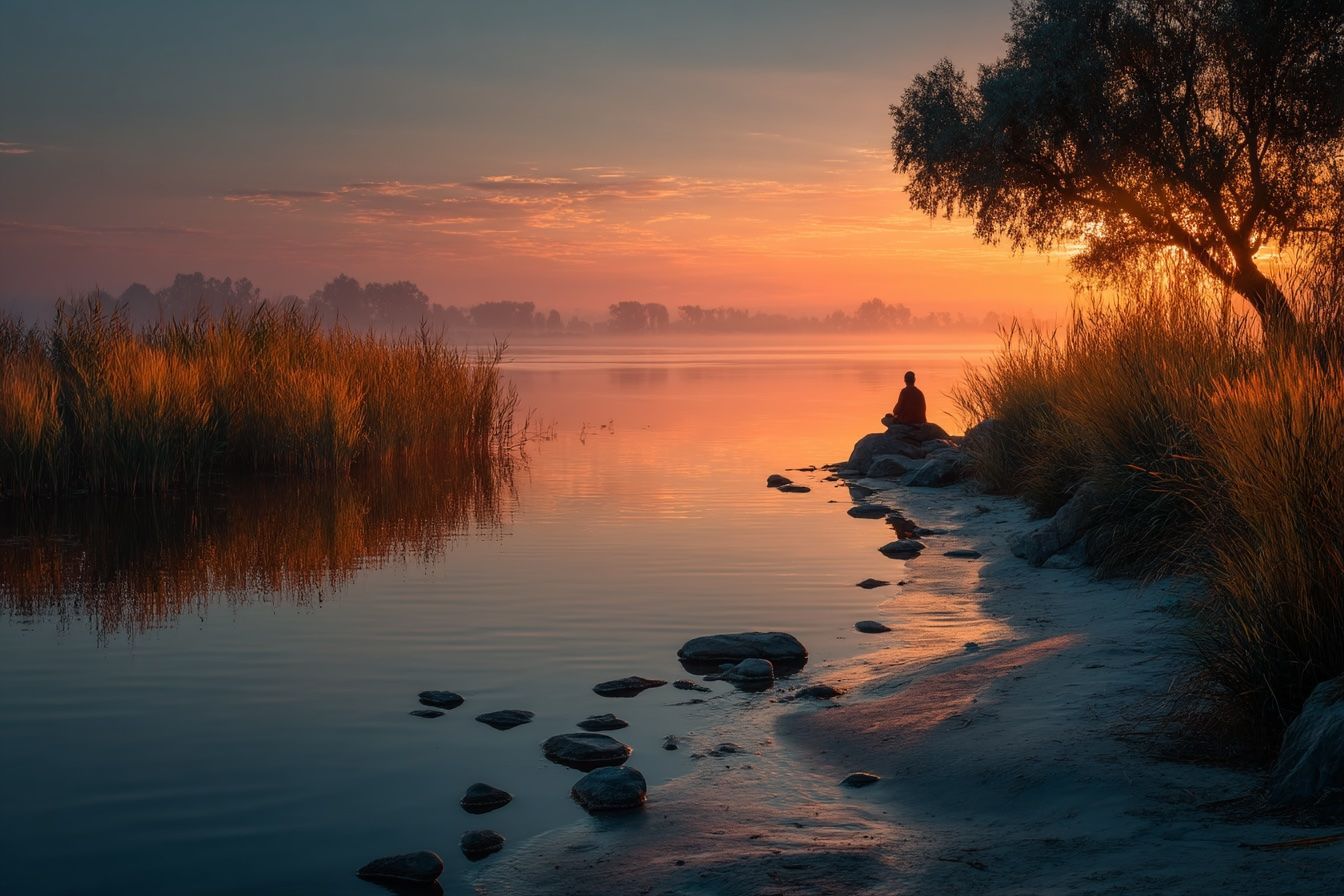Person meditating by a lake at sunset; golden light reflects on the water and sand.