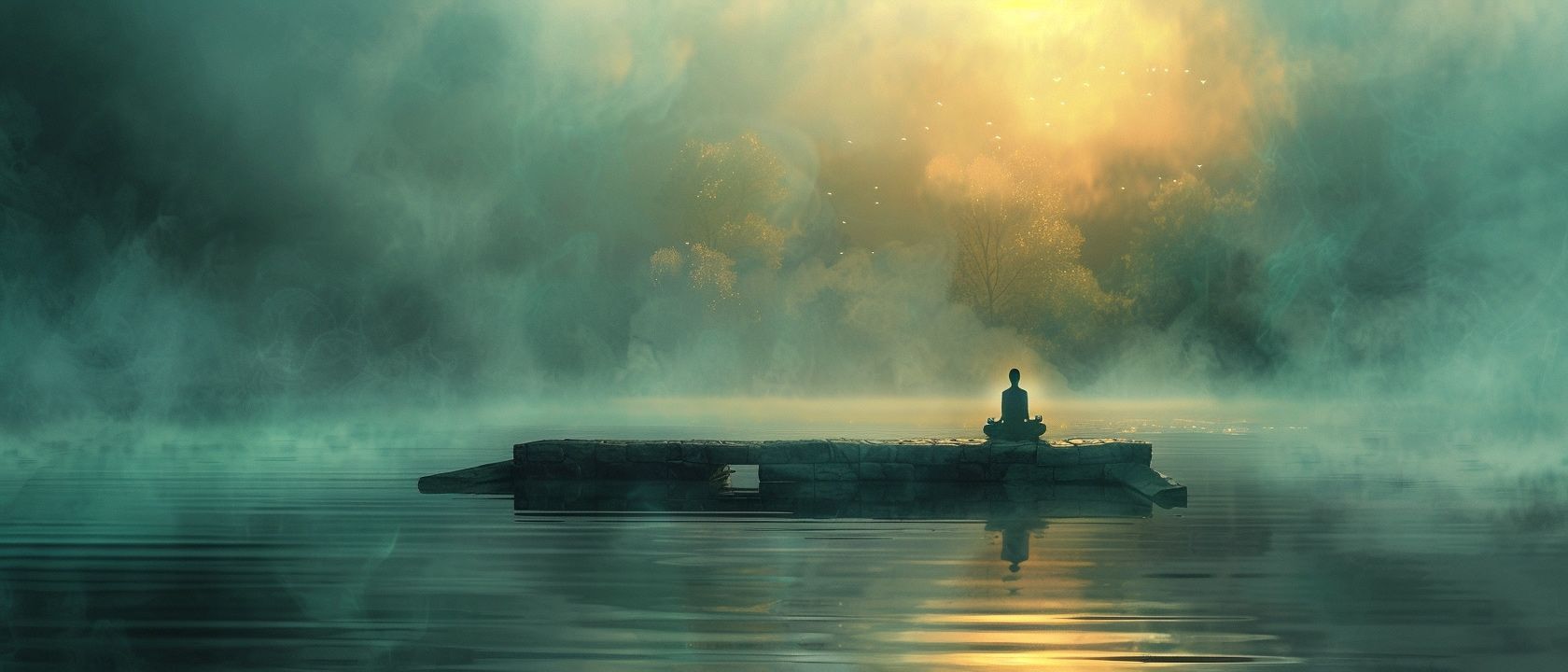 A figure sits on a structure on a lake, shrouded in mist, with a glowing sky.