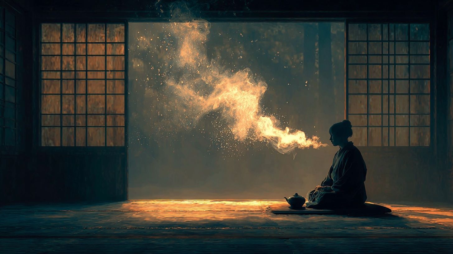 Person exhales golden dust in a traditional room, lit by warm light from open paper screens.