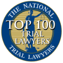 Seal: The National Top 100 Trial Lawyers. Blue, gold, and white circle with Lady Justice.