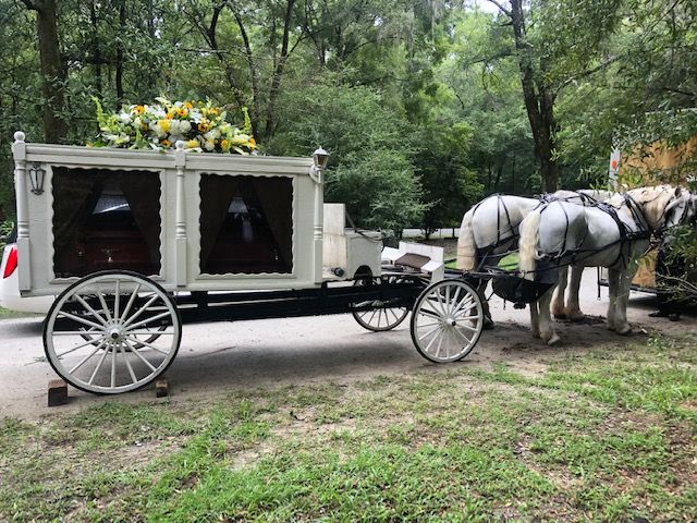 A white, vintage horse-drawn funeral carriage with floral arrangements sits on a path alongside two white horses.