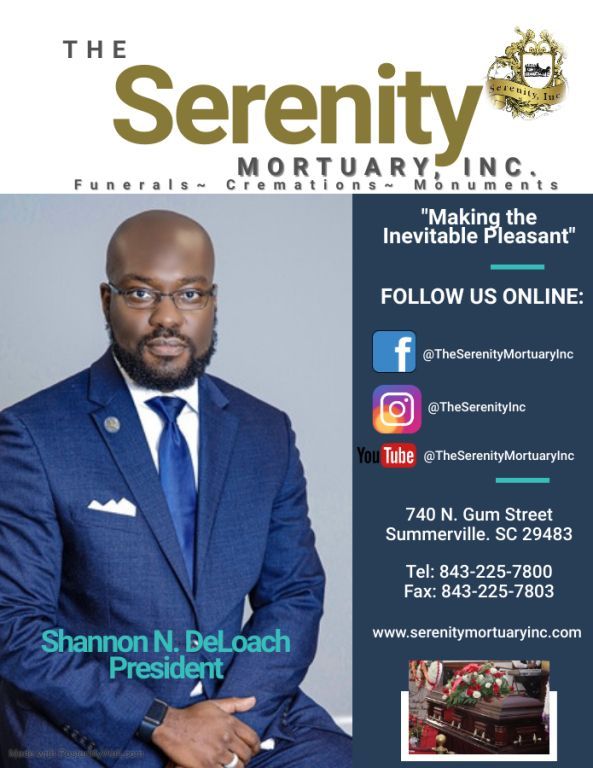 Business advertisement for The Serenity Mortuary, Inc. featuring the company president and contact details.