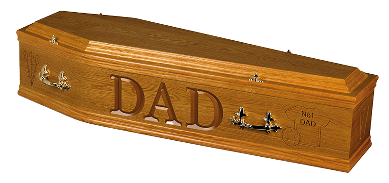 A wooden coffin with the word dad carved into it