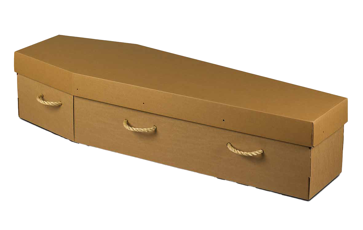 A cardboard coffin with rope handles on a white background