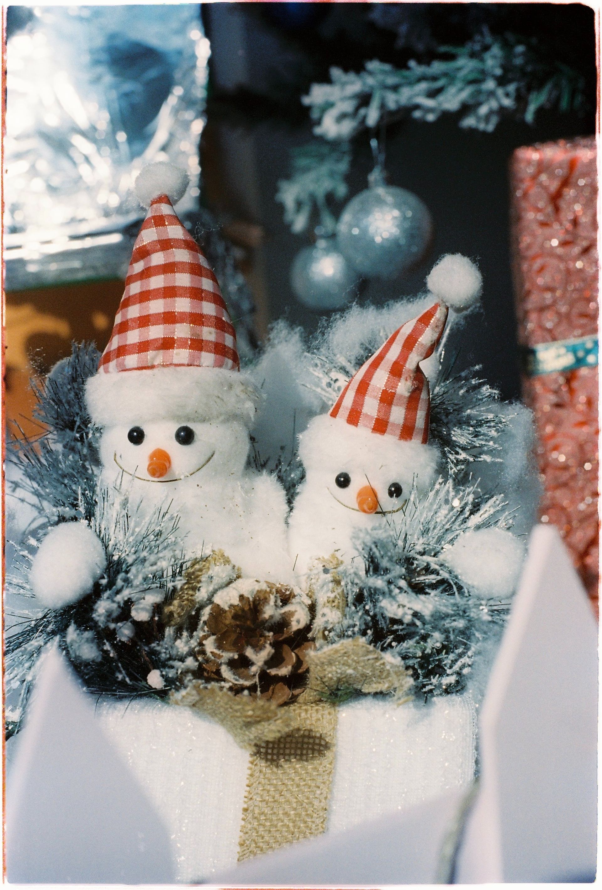 Two snowmen wearing santa hats are sitting next to each other