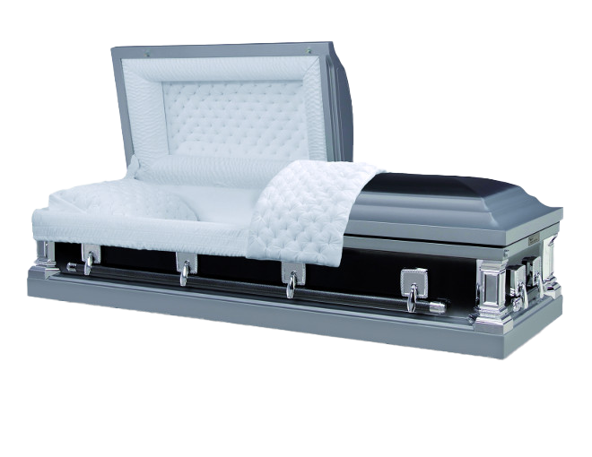 A black and silver coffin with the lid open