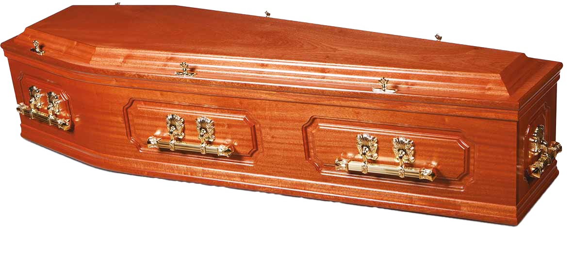 A wooden coffin with gold handles on a white background