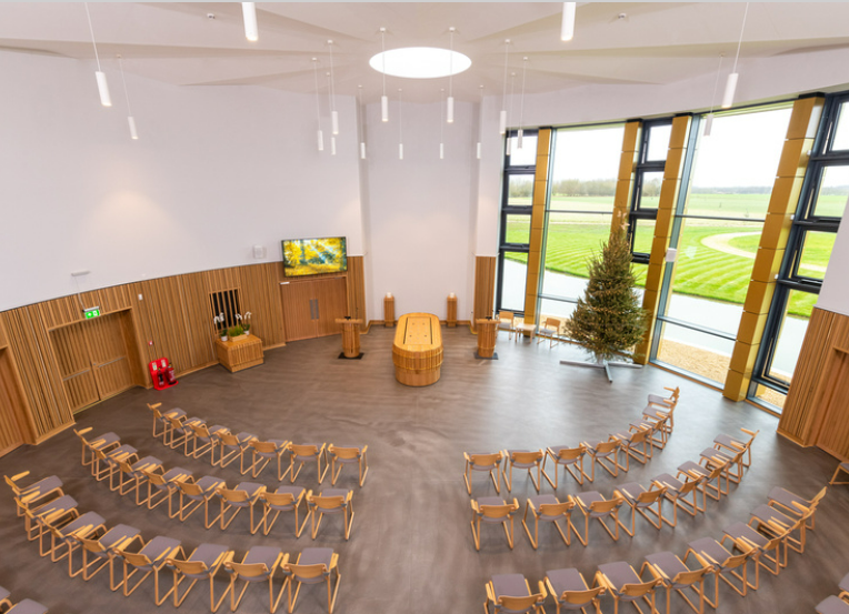 A large room with rows of chairs and a christmas tree