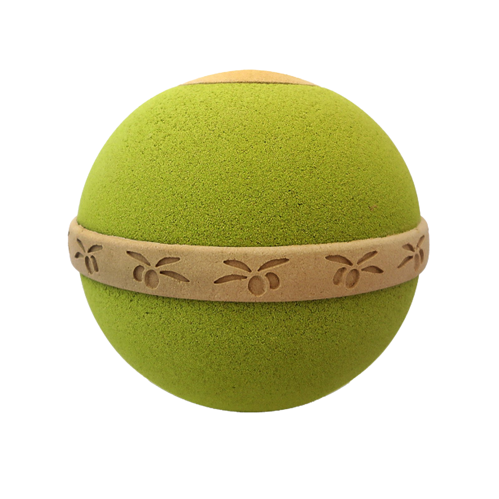 A green ball with a brown ribbon around it