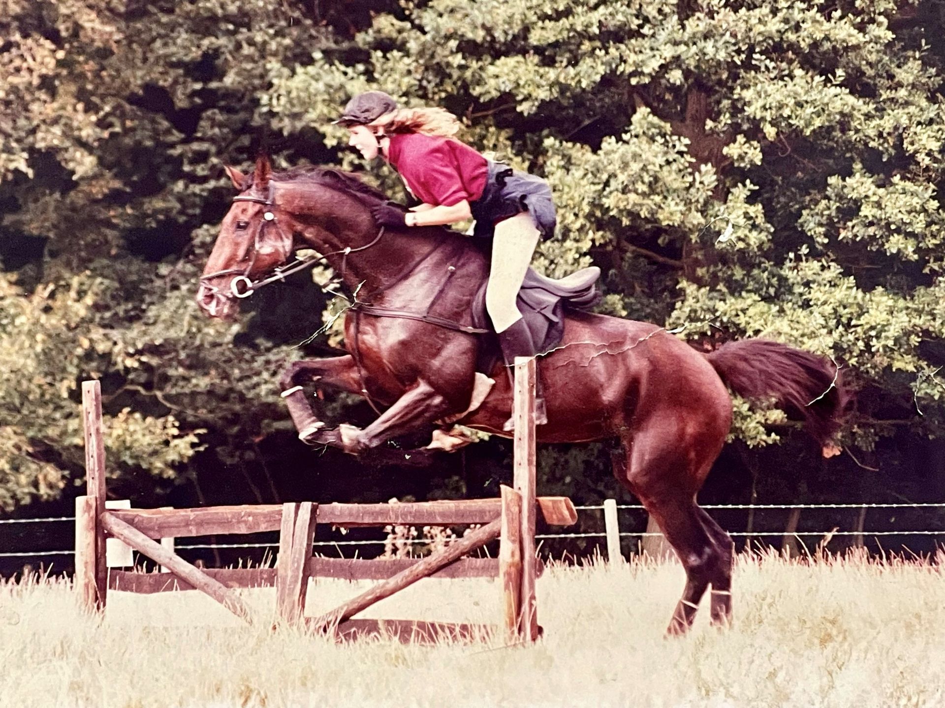 A woman riding a brown horse jumping over a wooden fence