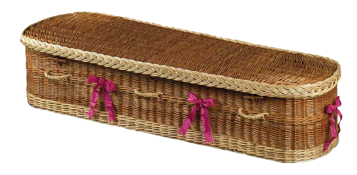 A wicker coffin with pink ribbons on the sides