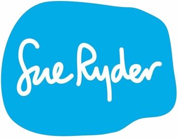 A blue and white logo for sue ryder