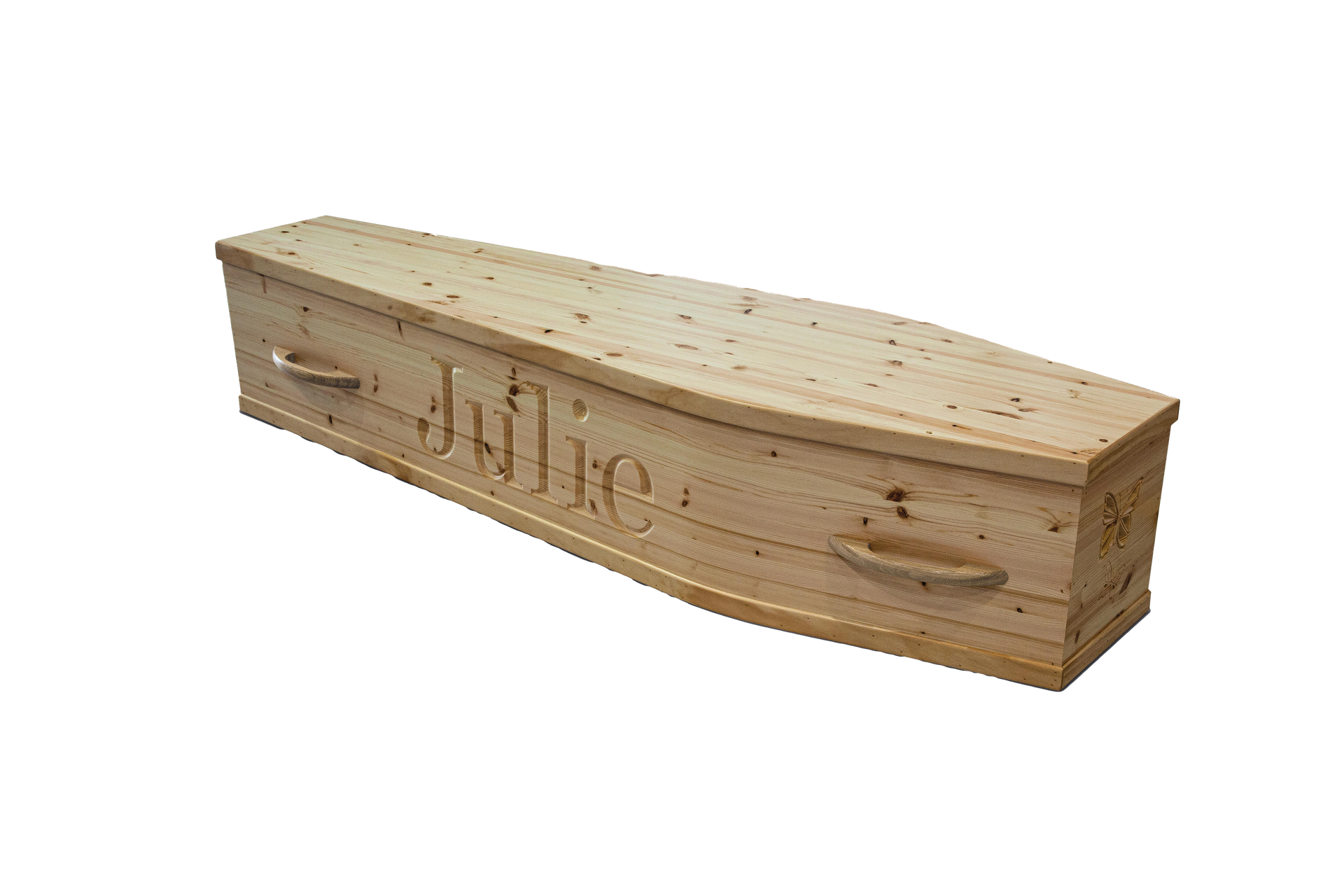 A wooden coffin with the name julie on it